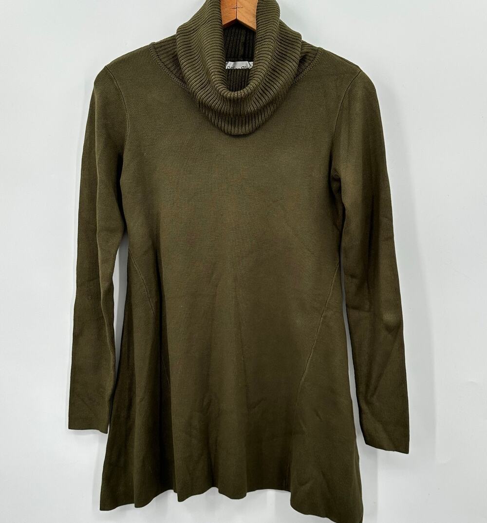 Whisper Knit Olive Green Loose Turtleneck Tunic Sweater Shark Bite Hem XXS 2XS